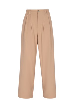 Pantaloni largi bej cu talie înaltă, pliuri frontale, găici pentru curea și închidere cu nasture argintiu.