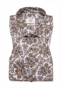 Camicia a motivi paisley marrone e blu in una vestibilità moderna. Realizzata in cotone con uno sfondo bianco e bottoni marroni. Piegata con il colletto visibile.