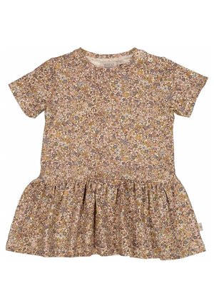 Kurzärmliges Kleid für Kleinkinder mit gerafftem Rock, bedeckt mit kleinem Blumenmuster in gedämpften Rosa-, Braun-, Weiß- und Gelbtönen.