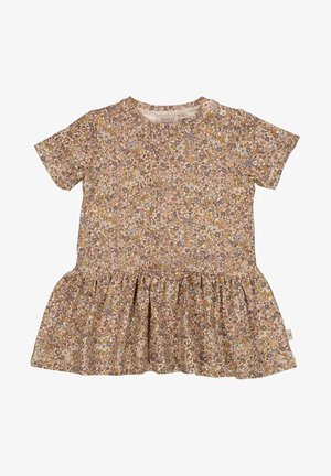 Robe pour tout-petit à manches courtes avec une jupe froncée, recouverte d'un petit imprimé floral dans des tons roses pâles, bruns, blancs et jaunes.