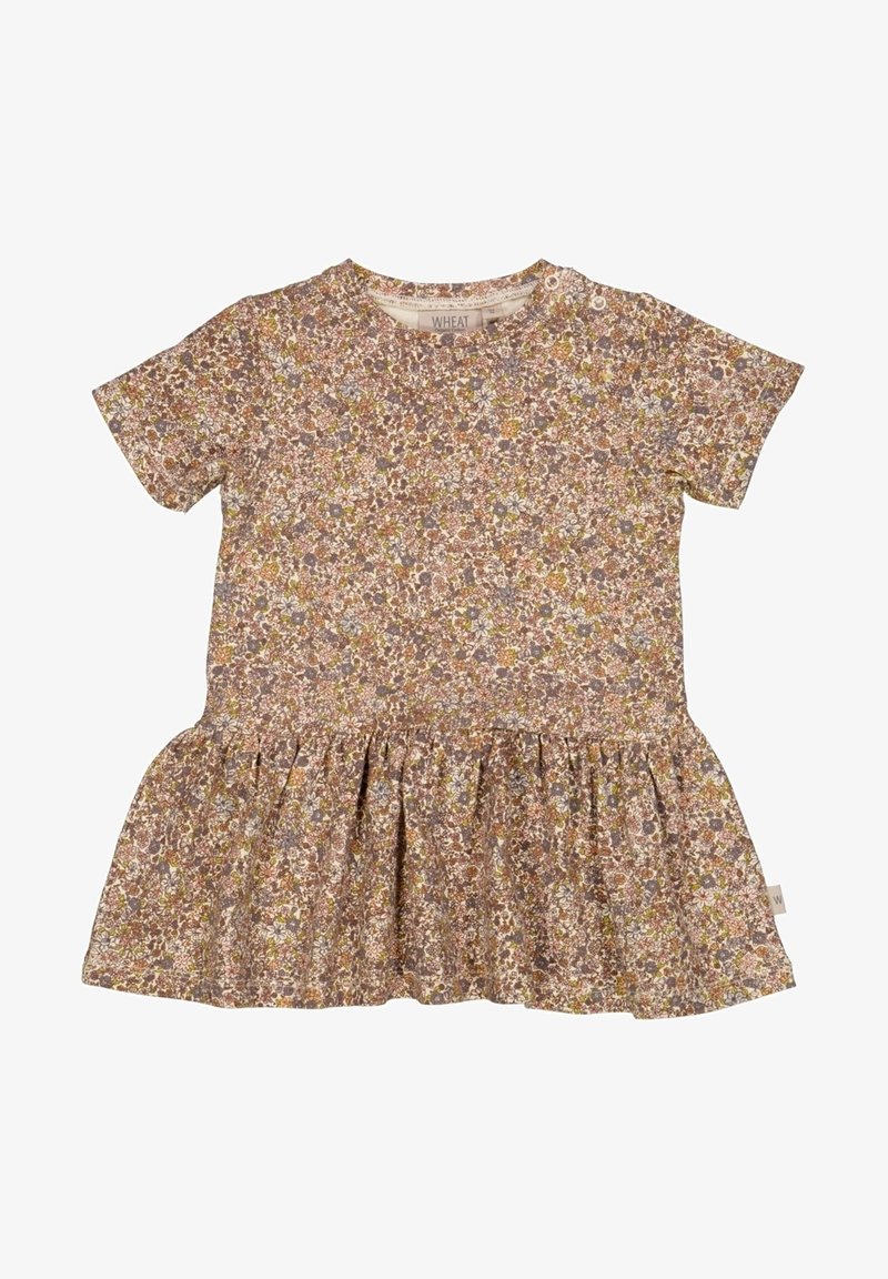 Robe pour tout-petit à manches courtes avec une jupe froncée, recouverte d'un petit imprimé floral dans des tons roses pâles, bruns, blancs et jaunes.