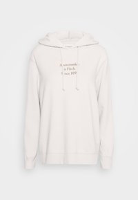 Weißer Hoodie aus weichem Stoff; verfügt über eine vordere Kängurutasche, eine Kapuze mit Kordelzug und den Text „Abercrombie & Fitch Since 1892“ in Beige.