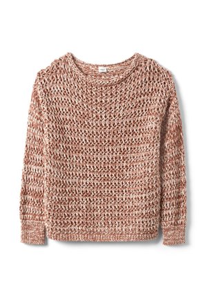 Jersey de punto grueso con mangas largas en hilo mixto de marrón claro y blanco, con escote redondo y patrón texturizado de punto abierto.
