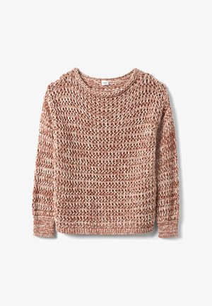 Jersey de punto grueso con mangas largas en hilo mixto de marrón claro y blanco, con escote redondo y patrón texturizado de punto abierto.