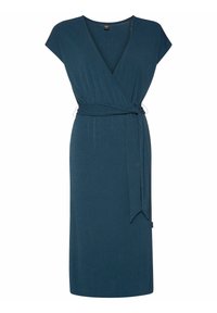 Vestido envolvente en tono verde azulado con mangas cortas, tejido texturizado, un cinturón atado a la cintura y un dobladillo a la altura de la rodilla.