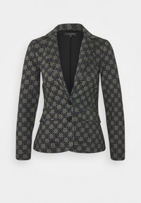 Blazer s námořnickým základem a kontrastním geometrickým vzorem, přiléhavý střih, klopové límce, dva knoflíky a dlouhé rukávy.
