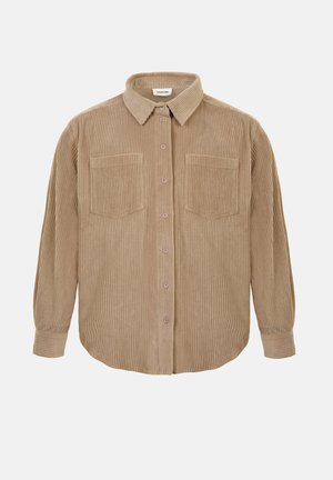 Rudas korduroy marškiniai su mygtukais ant apykaklės, dviem krūtinės kišenėmis ir ilgomis rankovėmis. Yra vertikali griovelinių tekstūrų ir mygtukų uždarymai.