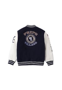 Granatowa i biała kurtka varsity z haftowanym tekstem, prążkowanymi ściągaczami oraz okrągłym logo na plecach z dodatkowymi akcentami.
