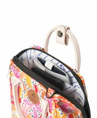 Bunter Stoffbeutel mit floralem Muster, Reißverschlussverschluss, leichten Griffen und Innentasche für das Handy. Das Logo ist an der Seite sichtbar.