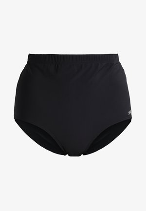 Parte de baixo de biquíni preta de cintura alta, feita de tecido suave com um cós elástico, oferecendo cobertura total e um design sem costuras.