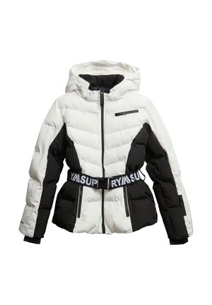 Chaqueta acolchada bicolor con parte delantera y capucha blancas, paneles laterales y mangas negras, cremallera frontal, bolsillos con cremallera y cinturón negro con letras blancas.