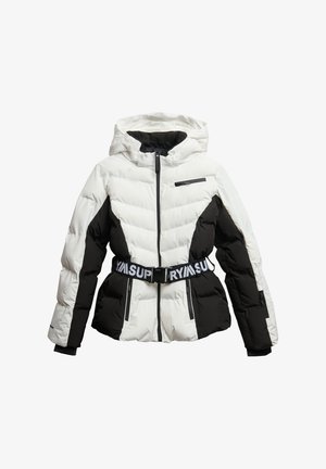 Dwukolorowa puchowa kurtka z białym przodem i kapturem, czarnymi bocznymi panelami i rękawami, przednim zamkiem błyskawicznym, kieszeniami na zamek oraz czarnym paskiem z białym napisem.