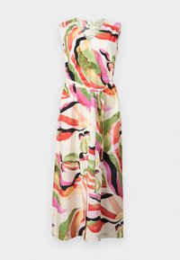 Multicolor, sleeveless dress featuring a V-neck, button-down front, and a belted waist; abstract patterns in green, pink, and black on cream background.