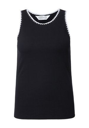 Schwarzes ärmelloses Tanktop mit gerippter Textur, ausgestattet mit einem weißen, gewellten Saum entlang des Ausschnitts und der Armlöcher. Sauberes, einfaches Design.