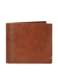 Braune Lederbörse mit strukturiertem Finish, Zwei-Falt-Design und sichtbarer Naht. Mit einem Markenlogo auf der Vorderseite.