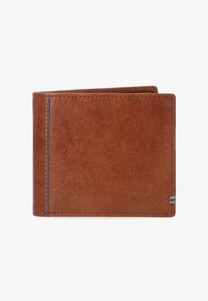 Braune Lederbörse mit strukturiertem Finish, Zwei-Falt-Design und sichtbarer Naht. Mit einem Markenlogo auf der Vorderseite.