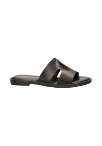 Black slide sandal with open-toe design, made of smooth synthetic material, featuring two cut-out sections and a flat sole with subtle stitching.