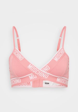 Rožinė medvilninė bralette su kryžmine struktūra, ant dirželių ir apačios juostos esantis baltas Moschino prekės ženklas. Reguliuojami dirželiai, užtikrinantys tinkamą prigludimą.