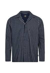 Marineblå og grå stribet langærmet skjorte med spread krave og knaplukning, fremstillet af et let og tekstureret stof.