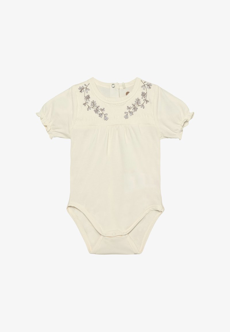 Kremowe body z krótkim rękawem, z haftowanym kwiatowym wzorem wokół dekoltu, wyposażone w zapięcie na zatrzaski z tyłu i na dole, ułatwiające ubieranie.