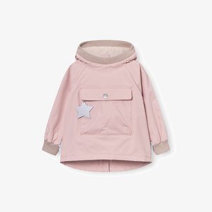 Gyermekeknek készült világos rózsaszín kapucnis dzseki első zsebbel, patenttal, bordázott mandzsettával és nyakrésszel, valamint csillag alakú fényvisszaverő jelöléssel.