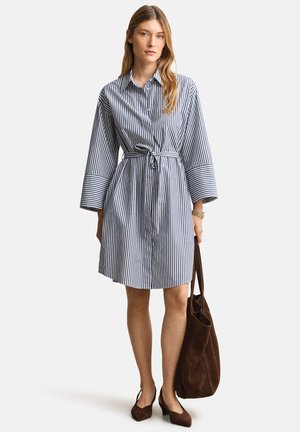 Femme portant une robe-chemise ceinturée à rayures bleu et blanc, des talons en suède marron, et tenant un grand sac fourre-tout en suède marron.
