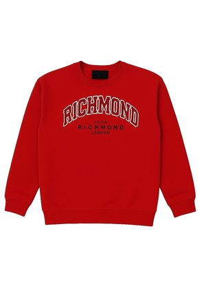 Felpa rossa in cotone con collo rotondo, polsini e orlo a coste, con il bold testo bianco "RICHMOND" e "JOHN RICHMOND LONDON" sottostante.