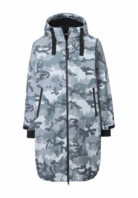 Kamouflageparkas i nyanser av grått, med huva, dragkedja fram och elastiska manschetter. Slät yta med två framfickor.