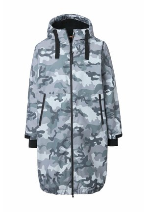 Tarnparka in Grautönen, mit Kapuze, Reißverschlussfront und elastischen Bündchen. Glatte Textur mit zwei vorderen Taschen.
