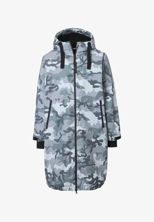 Kurtka w kamuflażu w odcieniach szarości, z kapturem, zamek z przodu i elastycznymi mankietami. Gładka faktura z dwoma przednimi kieszeniami.