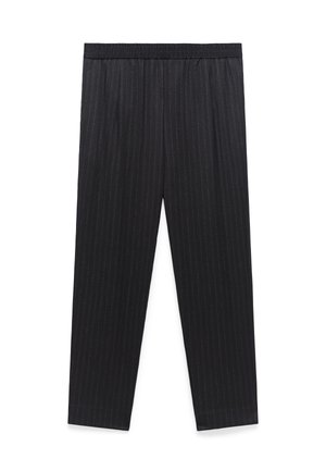 Zwarte, gestreepte broek met een elastische tailleband, recht toelopend ontwerp en een gladde textuur. Geen extra hardware of details zichtbaar.