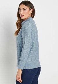 Ljusblå stickad tröja med ribbad krage, med ett texturerat kabelmönster och långa ärmar, i kombination med mörka jeans.