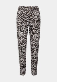 Leopardprint broek van zachte stof met een elastische tailleband en trekkoord. Beschikt over een taps toelopende pijp en subtiele glanselementen.