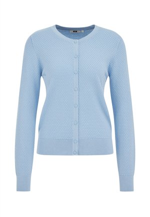 Cardigan bleu clair en maille texturée. Il présente un col rond et des manches longues, avec une fermeture boutonnée sur le devant et un ourlet côtelé.