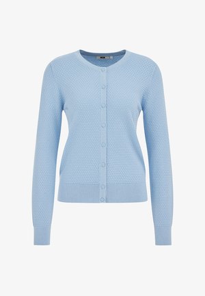 Cardigan bleu clair en maille texturée. Il présente un col rond et des manches longues, avec une fermeture boutonnée sur le devant et un ourlet côtelé.