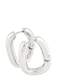 Paire de boucles d'oreilles en argent poli en forme de hoops, avec une forme rectangulaire épaisse et arrondie, et des fermoirs à charnière.