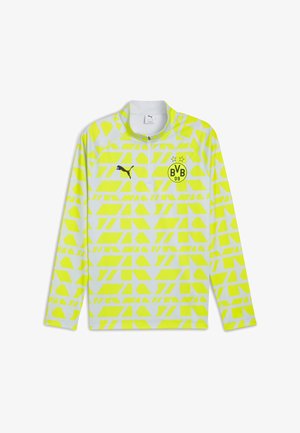 Żółta koszulka sportowa z długim rękawem, z zamkiem przy kołnierzu, geometrycznym wzorem, czarnym logo Pumy oraz emblematem drużyny BVB 09.