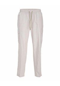 Pantaloni casual beige chiaro con vita elastica, chiusura con coulisse e tasche cargo laterali, mostrati su sfondo bianco.