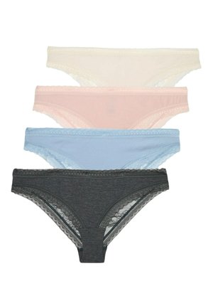Quattro paia di mutande da donna in beige chiaro, rosa, blu e antracite. Ognuno presenta un bordo in pizzo e un tessuto in cotone liscio.