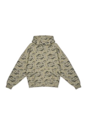 Hooded sweatshirt in light beige with a dark green camo pattern, featuring a front pocket and ribbed cuffs. Fabric appears soft and textured.