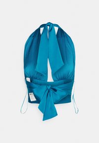 Biquíni de halter em verde-água com uma textura suave em satin. Com largas alças de ombro e um laço decorativo à frente. Apresenta uma etiqueta de cuidado no interior.