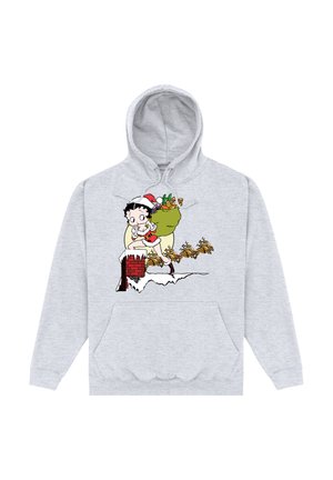 Szara bluza z kapturem z kolorową grafiką postaci w czapce Mikołaja przy kominie, z zielonym workiem i śnieżnymi detalami.