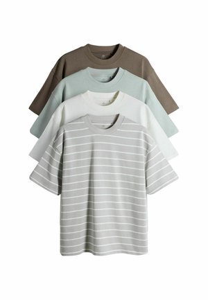 Četras apģērba krekliņu krekliņu krekliņu krūšu daļa sakrauta viens uz otrs, krāsas no priekšpuses uz aizmuguri: pelēks ar baltām svītrām, balts, gaiši zils un tumši brūns, visi ar īsām piedurknēm.