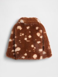 Καφέ ψεύτικο παλτό γούνας με πλούσια, απαλή υφή. Διαθέτει λευκές κηλίδες. Σχέδιο με γιακά, φαρδιές μανίκες και χαλαρή σιλουέτα.