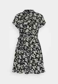 Svart klänning med korta ärmar, ett bältat midja och ett blommönster i vitt och ljusgrönt. Mjuk tyg med krage.