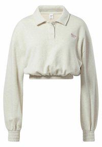 Gekürzter Polo-Sweatshirt aus hellgrauem Stoff. Verfügt über einen klassischen Kragen, lange Ärmel mit elastischen Bündchen und ein Logo auf der Brust.