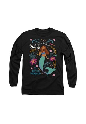 Black long-sleeve shirt featuring a colorful mermaid design, with a teal tail, floral accents, and the text "Go Beyond The Surface."