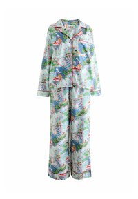 Kaksiosainen pyjama-setti, jossa on pitkät hihnat ja housut, joissa on värikäs, yksityiskohtainen kartta ja luontoaiheinen kuvio punaisilla pippauksilla.