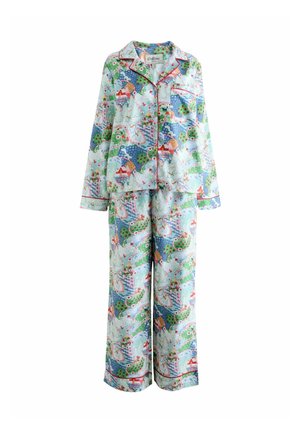 Two-piece pajama set with long sleeves and pants, featuring a colorful, detailed map and nature-inspired print with red piping accents.