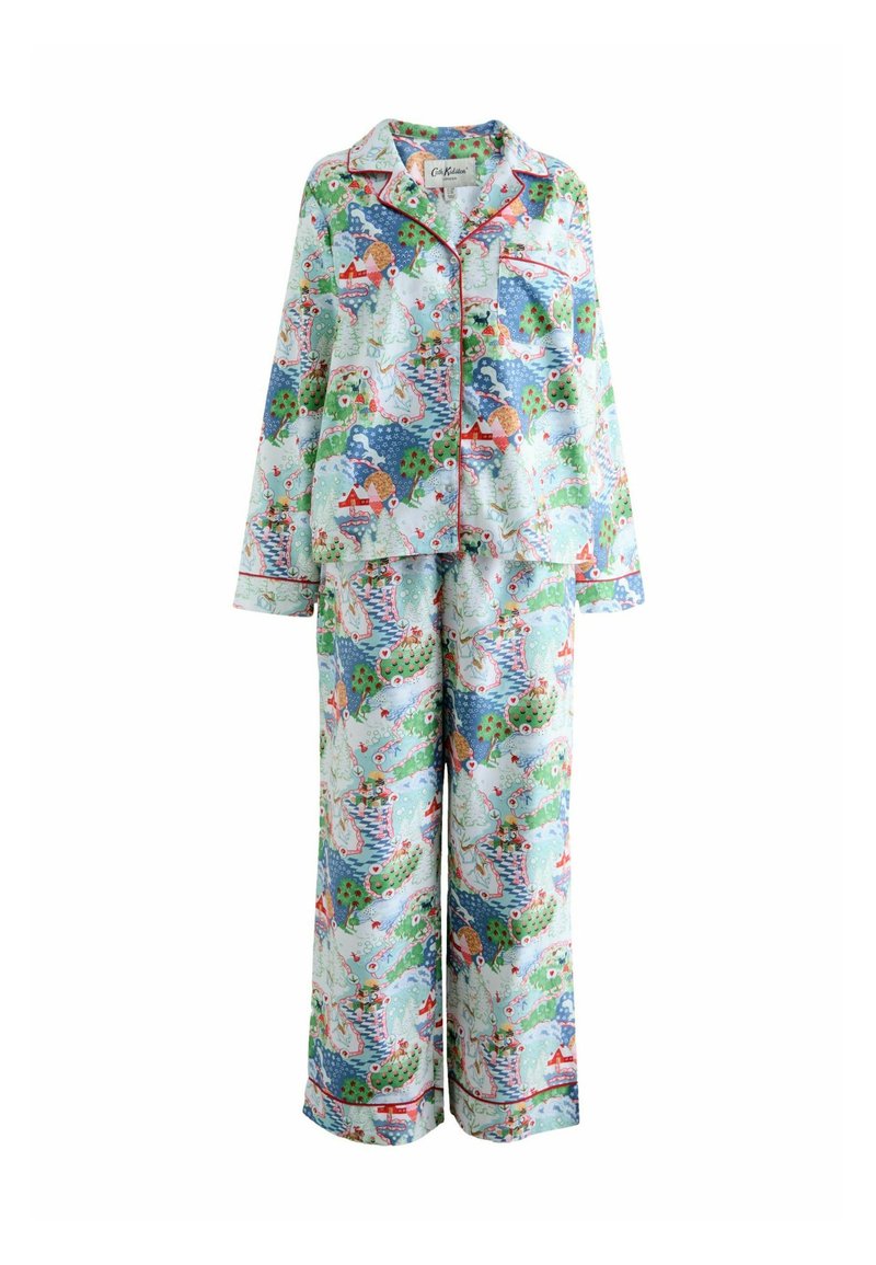 Kaksiosainen pyjama-setti, jossa on pitkät hihnat ja housut, joissa on värikäs, yksityiskohtainen kartta ja luontoaiheinen kuvio punaisilla pippauksilla.